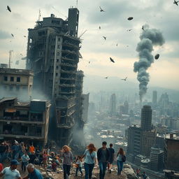 A dystopian city in ruins, captured from a bird's-eye view