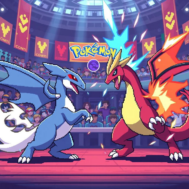 A vibrant Pokémon battle scene in pixel art style, featuring dynamic poses of two Pokémon engaged in a thrilling battle, with the background showcasing a colorful gym setting filled with pixelated details like spectators and banners