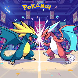 A vibrant Pokémon battle scene in pixel art style, featuring dynamic poses of two Pokémon engaged in a thrilling battle, with the background showcasing a colorful gym setting filled with pixelated details like spectators and banners