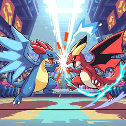 A vibrant Pokémon battle scene in pixel art style, featuring dynamic poses of two Pokémon engaged in a thrilling battle, with the background showcasing a colorful gym setting filled with pixelated details like spectators and banners