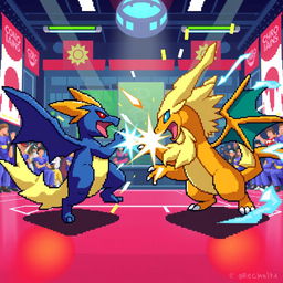 A vibrant Pokémon battle scene in pixel art style, featuring dynamic poses of two Pokémon engaged in a thrilling battle, with the background showcasing a colorful gym setting filled with pixelated details like spectators and banners