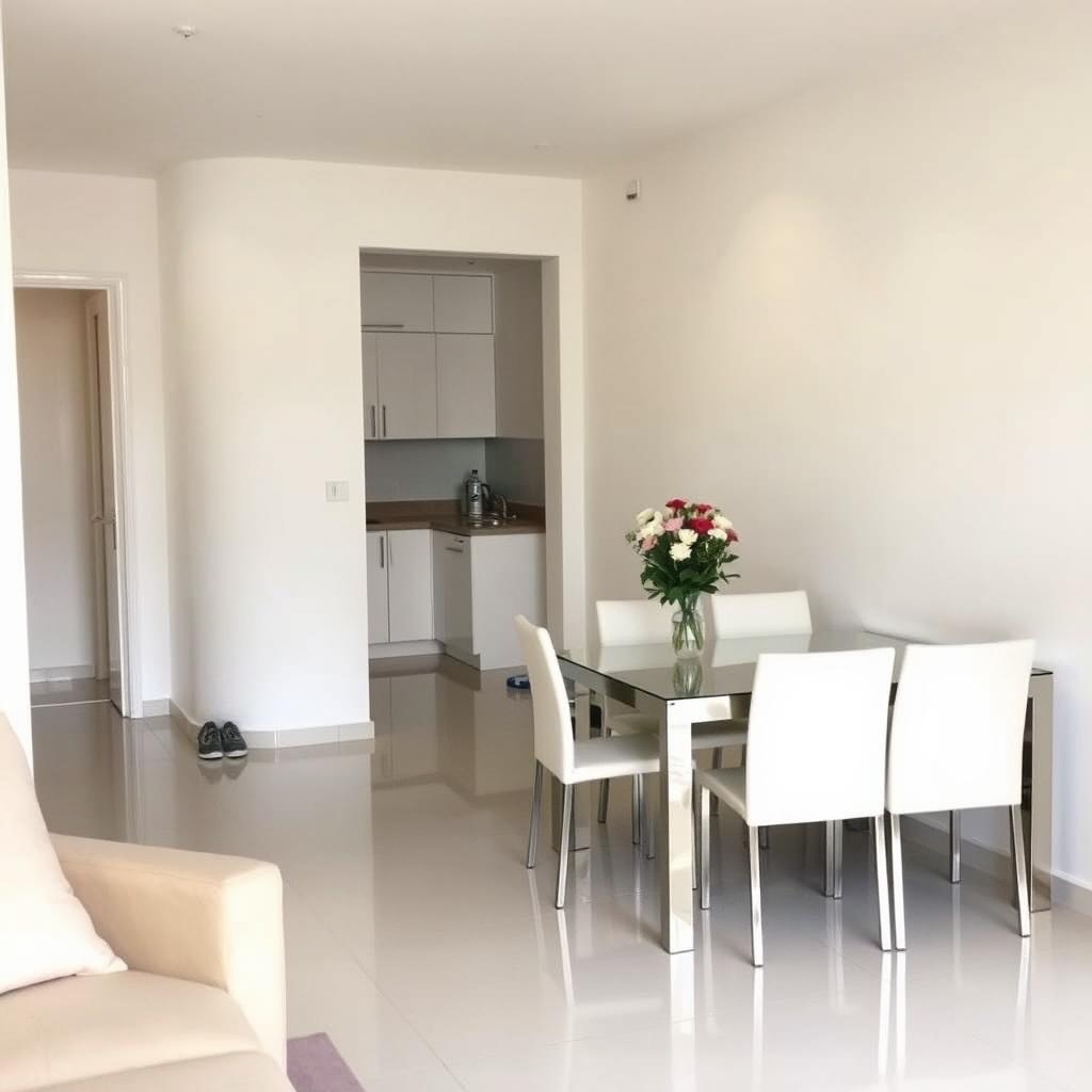 A minimalist and modern living room, featuring a beige sofa with a white pillow, a dining table with six white-cushioned chairs, and a bouquet of flowers