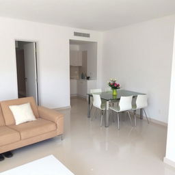 A minimalist and modern living room, featuring a beige sofa with a white pillow, a dining table with six white-cushioned chairs, and a bouquet of flowers