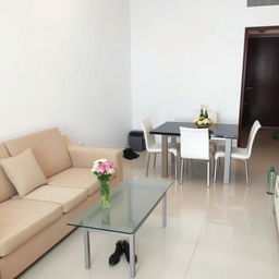 A minimalist and modern living room, featuring a beige sofa with a white pillow, a dining table with six white-cushioned chairs, and a bouquet of flowers