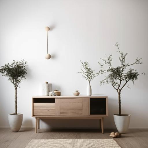 Scandinavian-inspired room interior with minimalist furniture, crisp white walls and warming wood accents