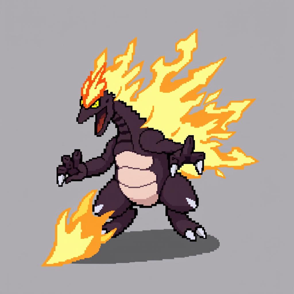 A pixel art sprite of Mega Typhlosion, showcasing its fierce and powerful appearance