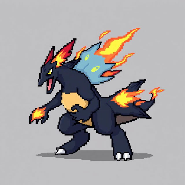 A pixel art sprite of Mega Typhlosion, showcasing its fierce and powerful appearance