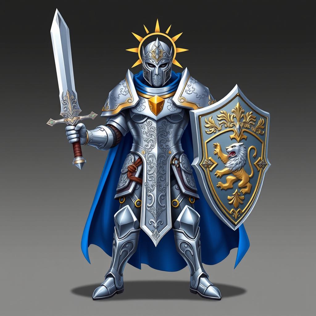 A high-definition sprite of a paladin warrior, clad in gleaming silver armor adorned with intricate engravings and gold accents