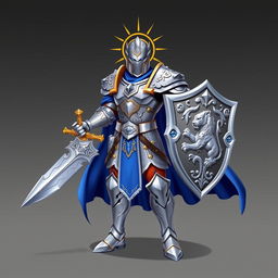 A high-definition sprite of a paladin warrior, clad in gleaming silver armor adorned with intricate engravings and gold accents