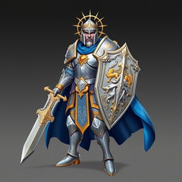 A high-definition sprite of a paladin warrior, clad in gleaming silver armor adorned with intricate engravings and gold accents