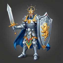 A high-definition sprite of a paladin warrior, clad in gleaming silver armor adorned with intricate engravings and gold accents