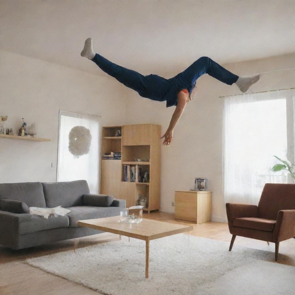 Cristiano Ronaldo doing a bicycle kick in a household living room, surrounded by furniture