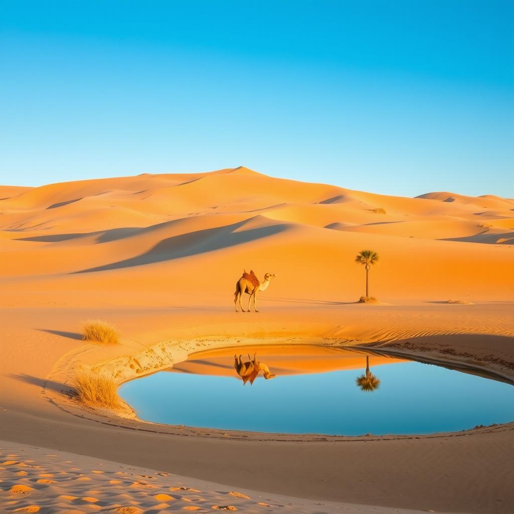 A majestic desert landscape with vast sand dunes under a clear blue sky