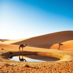 A majestic desert landscape with vast sand dunes under a clear blue sky