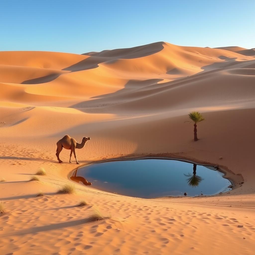 A majestic desert landscape with vast sand dunes under a clear blue sky