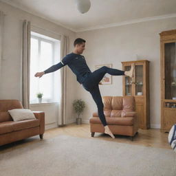 Cristiano Ronaldo doing a bicycle kick in a household living room, surrounded by furniture