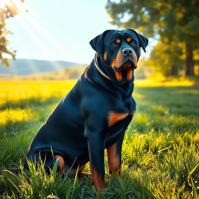 A stunning rottweiler dog with a gleaming black coat and prominent tan markings, sitting proudly with a focused gaze, surrounded by a lush green meadow