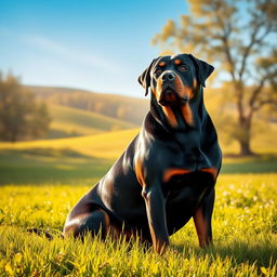 A stunning rottweiler dog with a gleaming black coat and prominent tan markings, sitting proudly with a focused gaze, surrounded by a lush green meadow