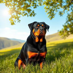 A stunning rottweiler dog with a gleaming black coat and prominent tan markings, sitting proudly with a focused gaze, surrounded by a lush green meadow