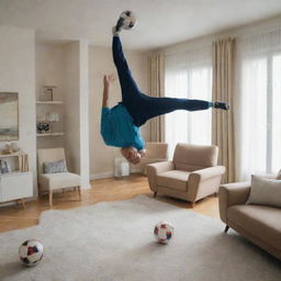 Cristiano Ronaldo doing a bicycle kick in a household living room, surrounded by furniture