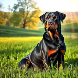 A stunning rottweiler dog with a gleaming black coat and prominent tan markings, sitting proudly with a focused gaze, surrounded by a lush green meadow