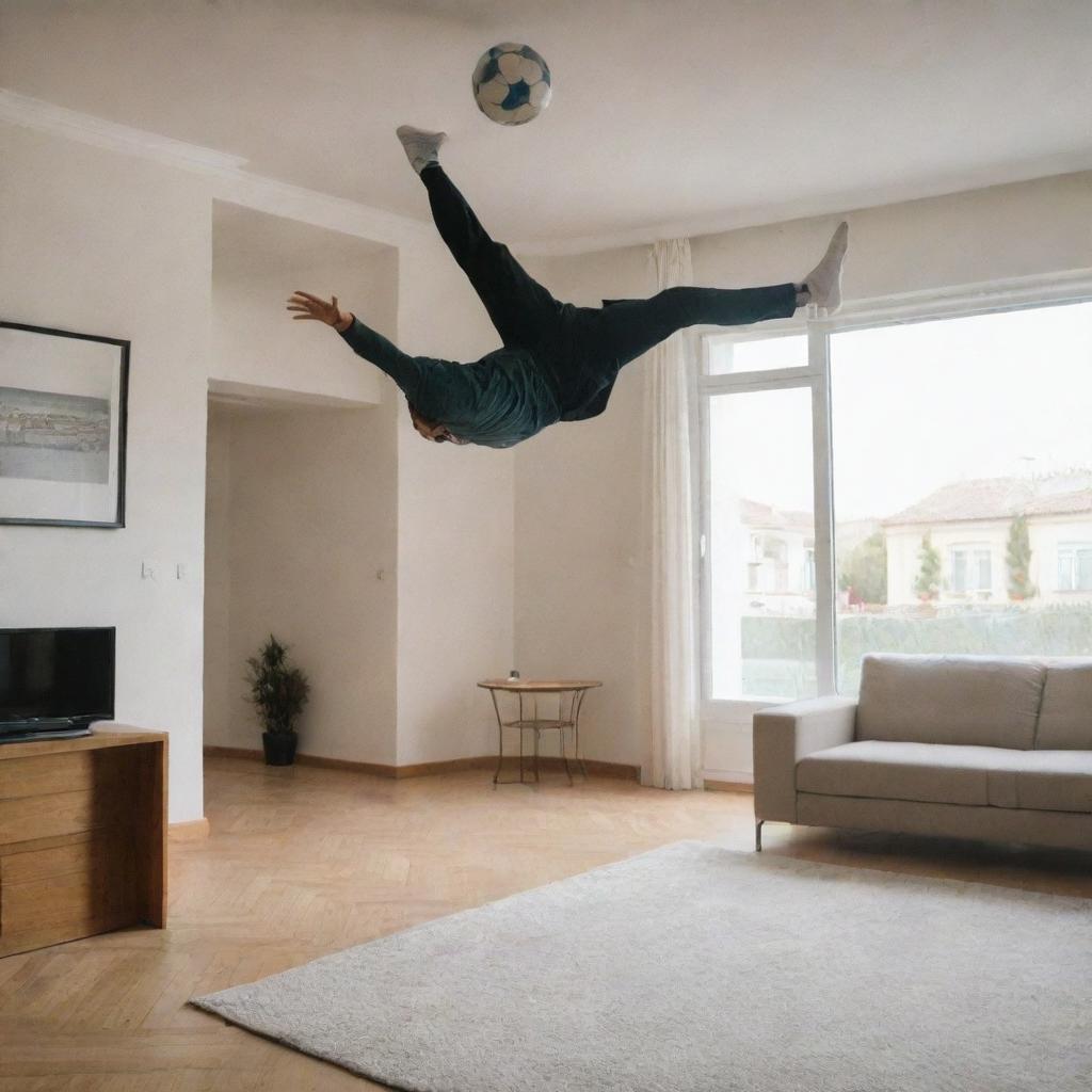 Cristiano Ronaldo doing a bicycle kick in a household living room, surrounded by furniture