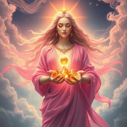 An awe-inspiring depiction of the goddess of all, radiating divine energy and grace, clad in a flowing bright pink garment that shimmers with an ethereal glow