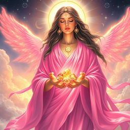 An awe-inspiring depiction of the goddess of all, radiating divine energy and grace, clad in a flowing bright pink garment that shimmers with an ethereal glow