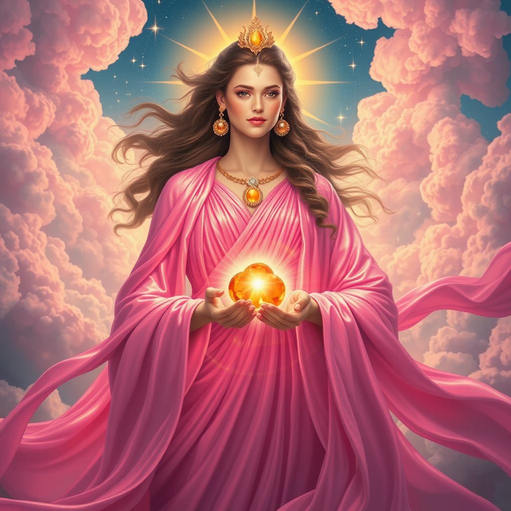 An awe-inspiring depiction of the Goddess of All, exuding omnipotence and grace, dressed in a radiant, flowing bright pink gown shimmering with a celestial glow