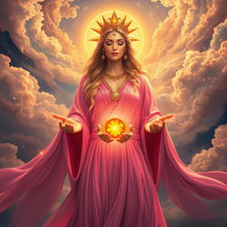 An awe-inspiring depiction of the Goddess of All, exuding omnipotence and grace, dressed in a radiant, flowing bright pink gown shimmering with a celestial glow