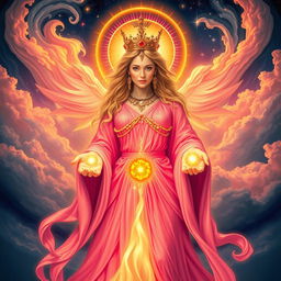 An awe-inspiring depiction of the Goddess of All, exuding omnipotence and grace, dressed in a radiant, flowing bright pink gown shimmering with a celestial glow