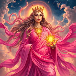 An awe-inspiring depiction of the Goddess of All, exuding omnipotence and grace, dressed in a radiant, flowing bright pink gown shimmering with a celestial glow