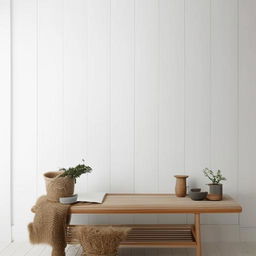 Scandinavian-inspired room interior with minimalist furniture, crisp white walls and warming wood accents