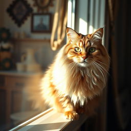 A majestic and elegant cat, with bright green eyes, long flowing fur, perched gracefully on a sunlit windowsill