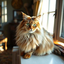 A majestic and elegant cat, with bright green eyes, long flowing fur, perched gracefully on a sunlit windowsill