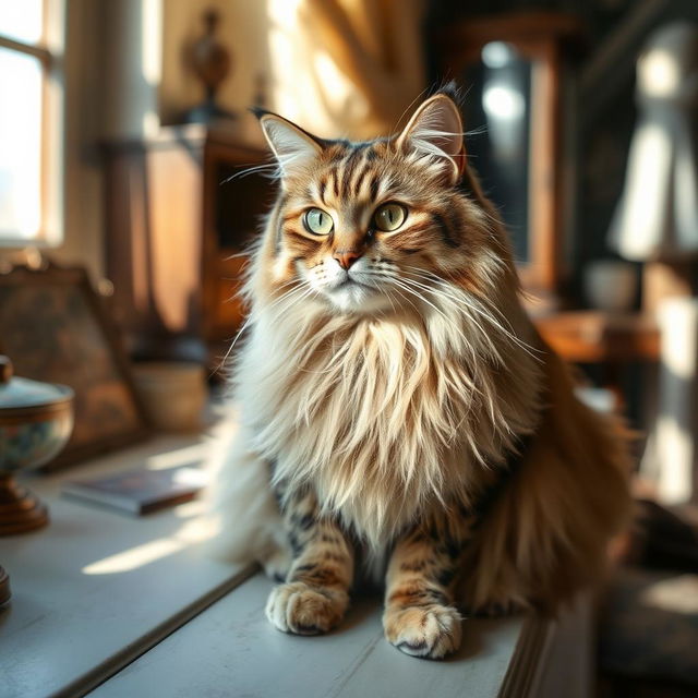 A majestic and elegant cat, with bright green eyes, long flowing fur, perched gracefully on a sunlit windowsill