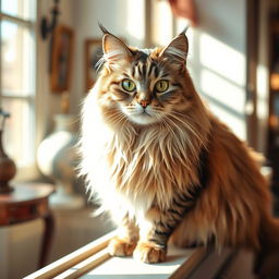 A majestic and elegant cat, with bright green eyes, long flowing fur, perched gracefully on a sunlit windowsill