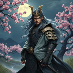 A mystical Kalashtar samurai warrior standing in a dramatic pose, wearing traditional samurai armor with intricate designs