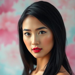 A portrait of a stunning woman with Asian features, radiating elegance and confidence