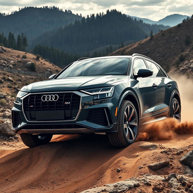 Audi RS Q8 navigating a rugged off-road terrain, showcasing its impressive ground clearance and rugged durability