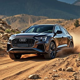 Audi RS Q8 navigating a rugged off-road terrain, showcasing its impressive ground clearance and rugged durability