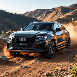 Audi RS Q8 navigating a rugged off-road terrain, showcasing its impressive ground clearance and rugged durability