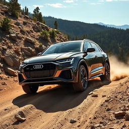 Audi RS Q8 navigating a rugged off-road terrain, showcasing its impressive ground clearance and rugged durability