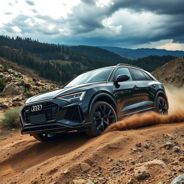 Audi RS Q8 Ultrablack edition navigating a rugged off-road terrain, featuring its custom blacked-out accents and sleek design enhancements