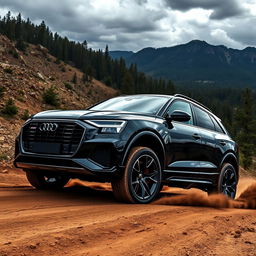 Audi RS Q8 Ultrablack edition navigating a rugged off-road terrain, featuring its custom blacked-out accents and sleek design enhancements