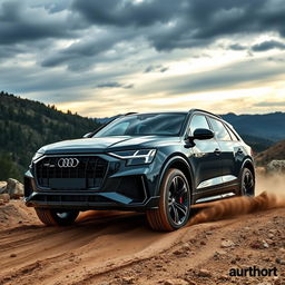 Audi RS Q8 Ultrablack edition navigating a rugged off-road terrain, featuring its custom blacked-out accents and sleek design enhancements