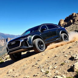 Audi RS Q8 with ultra large wheels, off-roading on a rugged mountain terrain