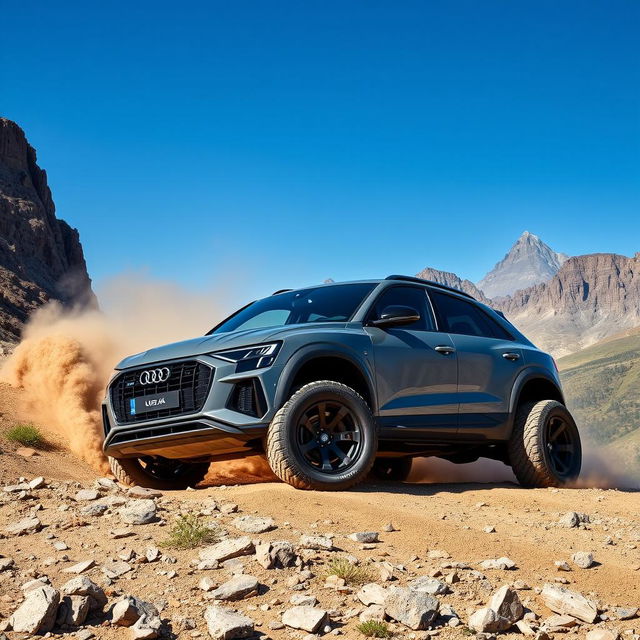 Audi RS Q8 with ultra large wheels, off-roading on a rugged mountain terrain