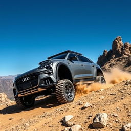 Audi RS Q8 with ultra large wheels, off-roading on a rugged mountain terrain