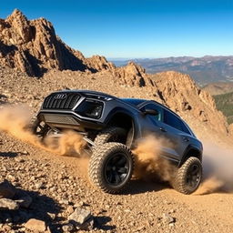 Audi RS Q8 with ultra large wheels, off-roading on a rugged mountain terrain